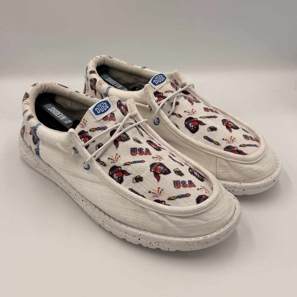 Hey Dude Wally Funk Americana Party Men's Size 10 White Multi Slip On Shoes